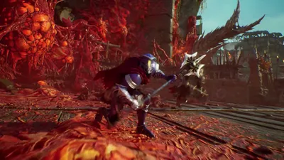 A hunter leaping at a towering foe in Crimson Moon