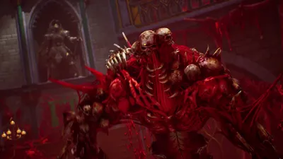 A hunter facing a horned colossus in Crimson Moon