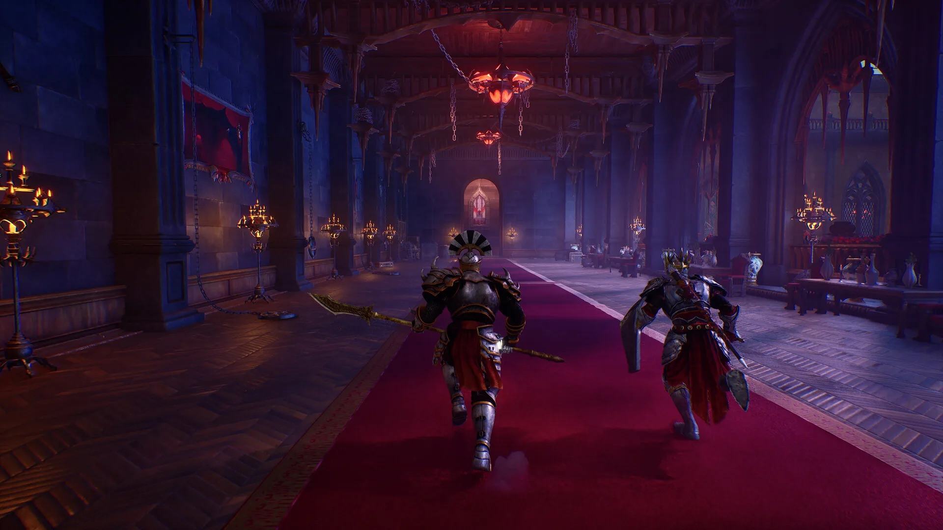 Two armored fighters advancing through a gothic hall in Crimson Moon